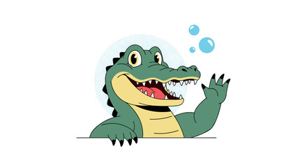 Cheerful cartoon alligator waving hello with bubbles, perfect for children's designs