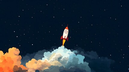 Flat illustration of a rocket is flying in space. Start-up concept. Night sky and cosmos. 