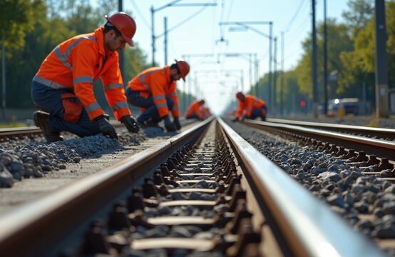 Men in orange safety jackets, helmets work on tram tracks, tightening bolts, laying rails. Reconstruction of railway line involves installation of steel, concrete components for modern transportation - Powered by Adobe