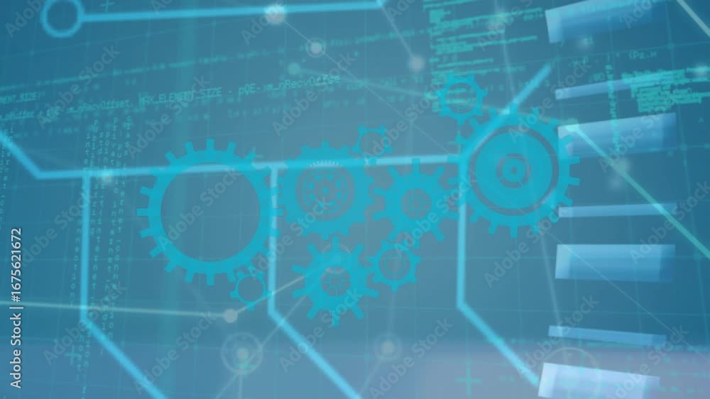 Aufkleber animation of data processing and network of connections over cogs on blue background