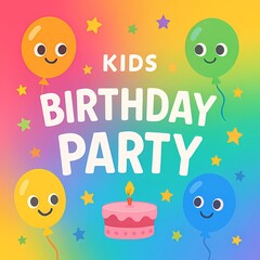 Kids Birthday Party Invitation with Rainbow Gradient and Cartoon Balloons