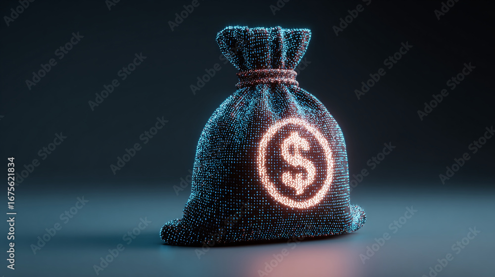 Poster glowing money bag with dollar symbol on a dark background in a digital render style design