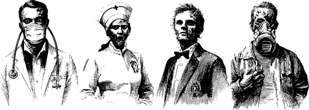 Medical zombies engraving collection for halloween design elements