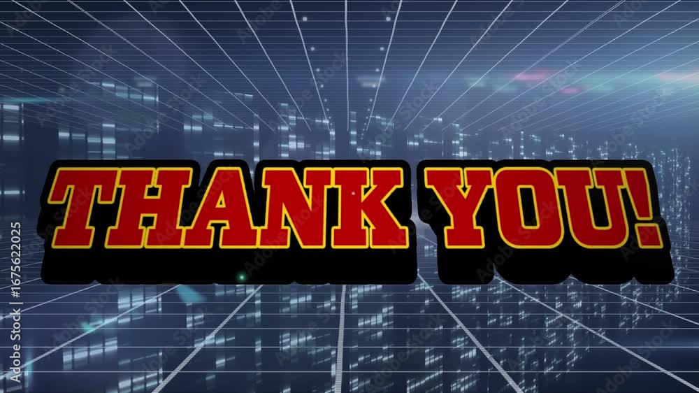 Poster animation of thank you text over moving columns on black background