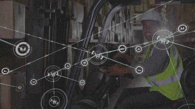 Animation of icons connected with lines over african american worker in forklift at warehouse