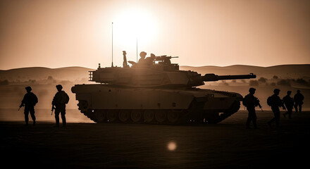 Tank and soldiers silhouetted in a desert at sunset.
