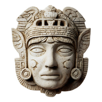 Ancient mayan stone carving depicting a detailed human face with elaborate headdress and ear ornaments isolated on transparent background