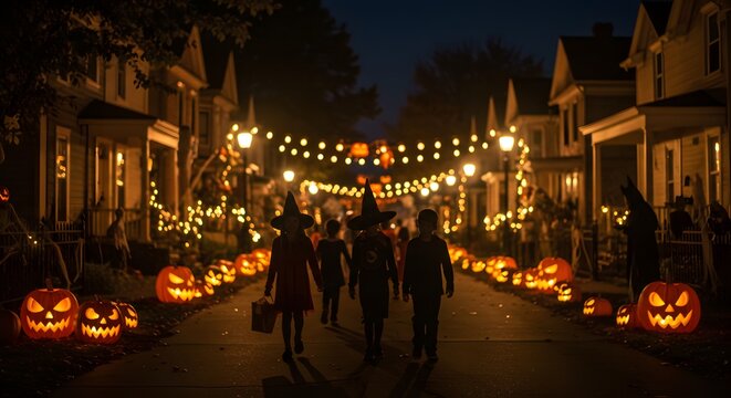Children in witch hats walk down a street lined with glowing jack-o'-lanterns during Halloween night.