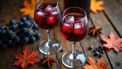 Two glasses filled with cold red wine, ice cubes rest on rustic wooden table. Dark grapes, autumn leaves surround glasses, suggesting seasonal celebration. Rich color, refreshing appearance evoke