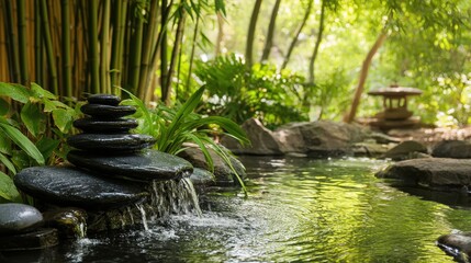 A tranquil garden scene featuring stacked stones, gentle water flow, lush greenery, and a serene atmosphere, perfect for relaxation and meditation.