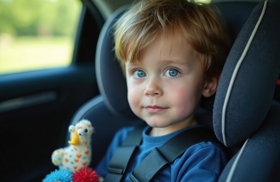 Close-up of happy boy in car with stuffed toy. Adorable toddler with blue eyes, blonde hair smiles traveling in automobile. Safe journey with child carrier ensures child protection during family road - Powered by Adobe