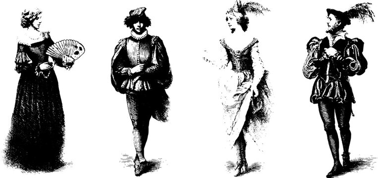 Renaissance characters hand drawn engraving elements for vintage design