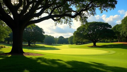 Serene Golf Course Landscape: Lush Green Fairway, Majestic Oak Trees, Sunny Sky