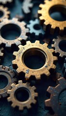 Close-up of interconnected gears smoothly meshing, representing seamless collaboration and complex system interaction , intertwined, complex