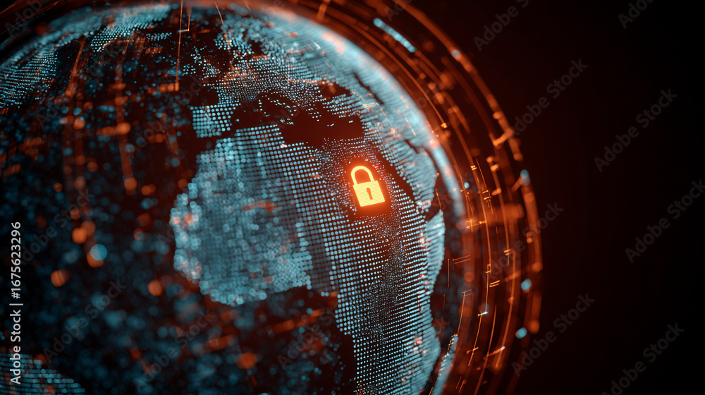 Poster digital earth globe with glowing padlock representing global data security and protection concept