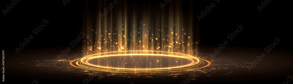 Poster a mesmerizing display of golden light beams radiating from a circular base, creating a magical, ethe