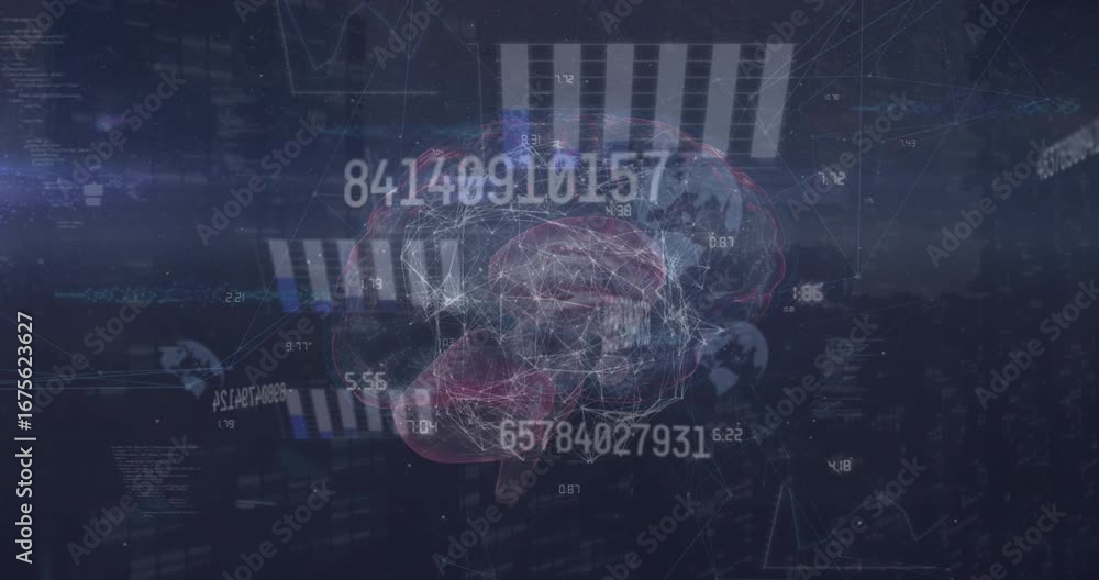Aufkleber animation of graph, multiple numbers countdown, globe and digital brain against abstract background