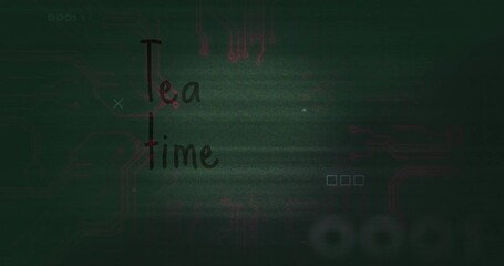 Animation of tea time text and data processing over green background - Powered by Adobe
