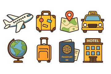 Travel icons representing various journey elements including airplane, luggage, map, taxi, globe, suitcase, passport, and hotel. Cartoon vector illustration for tourism and trip planning