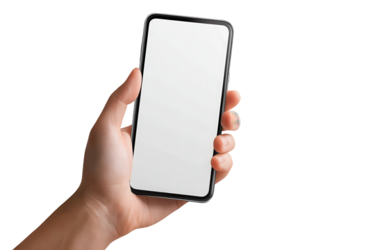 Hand holding a smart phone with a blank screen ready for use in everyday activities during daytime