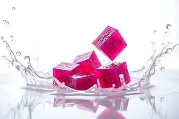 Vibrant red jelly cubes splash in water refreshing dessert