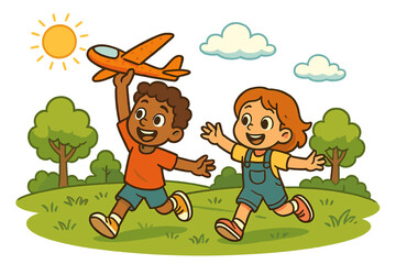 Two children joyfully playing outdoors with a toy airplane on a sunny day in a lush green park, cartoon vector illustration, happy kids running and having fun