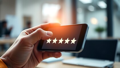 Hand holding smartphone showing five yellow stars for a top customer review rating image photo