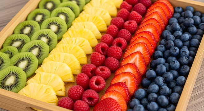 Wooden tray with neatly arranged sliced fruits.
