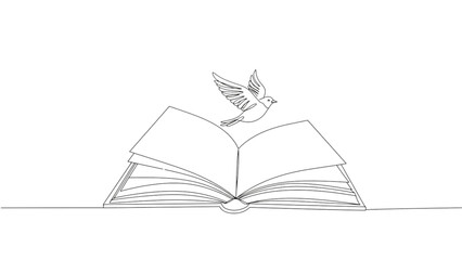 Open Book with Bird Flying Out Simple Line Art Vector Illustration

