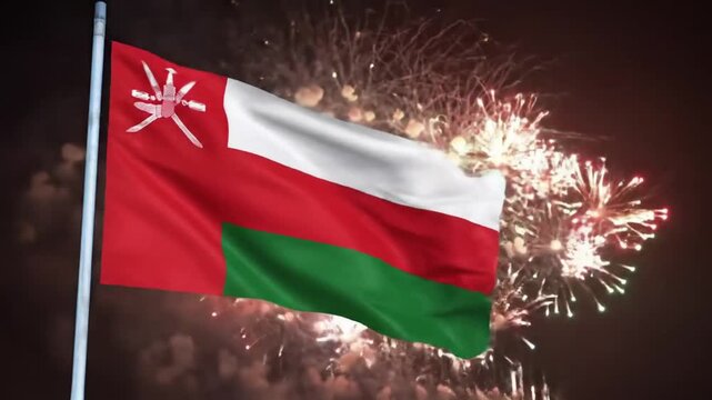 Oman national flag waving proudly against a spectacular fireworks display.