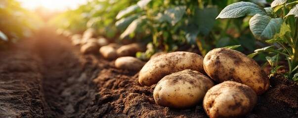 Fresh, unharvested potatoes lie in a sunlit field, surrounded by green plants, highlighting agricultural abundance and soil richness.