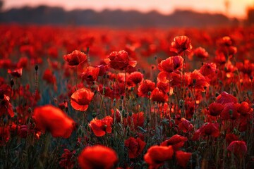 Vibrant field of red poppies illuminated by the warm glow of sunset over a sprawling landscape