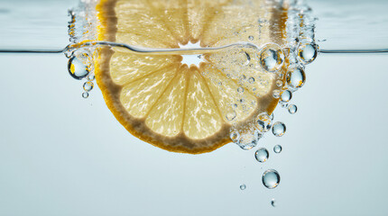 A vibrant lemon slice is half under water with air bubbles rising up, on an aquamarine background — a fresh, dynamic, and clean photo
