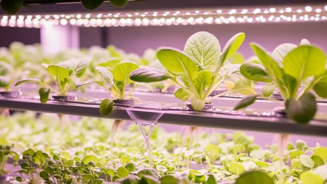 Indoor Hydroponic System with Rows of Leafy Green Vegetables Under Pink LED Lighting and Multiple Tiered Shelves in a Modern Agricultural Setting