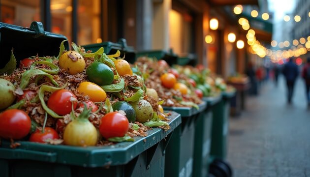 Overflowing trash bins on a city street filled with food waste. Tomatoes, oranges, and other produce spill out onto the pavement. Urban scene with blurred background lights and pedestrian traffic.