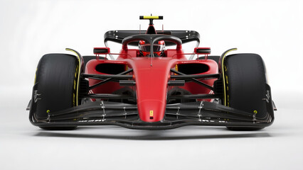 Naklejka premium Front view of a red Formula 1 car with driver. 