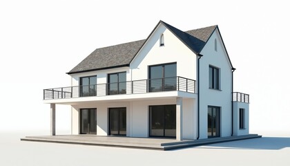Modern two story house with white facades, gray shingle roof. Features include balconies, large glass windows, doors. Minimalist style, contemporary design, ideal for architectural visualization,
