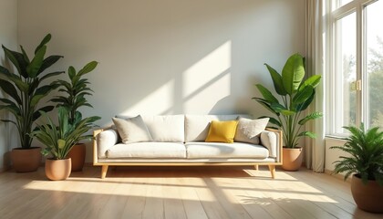 Bright living room features comfortable light-colored sofa, accented by vibrant indoor plants. Sunlight streams through large window, casting geometric shadows on light vinyl flooring. Modern
