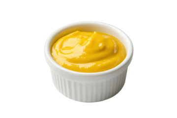 Mustard sauce in a white bowl resting on a clean white surface, showcasing its vibrant yellow color and smooth texture for culinary inspiration and dining experiences