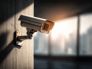 A surveillance camera mounted on a wall, capturing a blurred interior background, emphasizing security and monitoring.