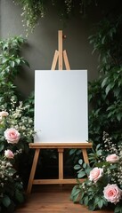 Wedding welcome sign featuring blank white canvas on wooden easel, framed by green foliage, delicate pink roses. Elegant setup, perfect for event decor, offers ample space for personalized messages