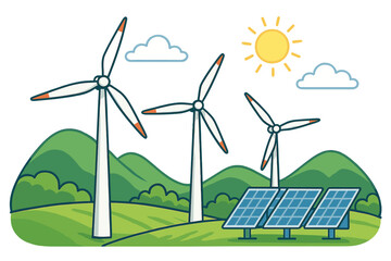 Renewable energy concept with wind turbines and solar panels generating clean power on a sunny day in a green landscape, sustainable environment vector cartoon illustration