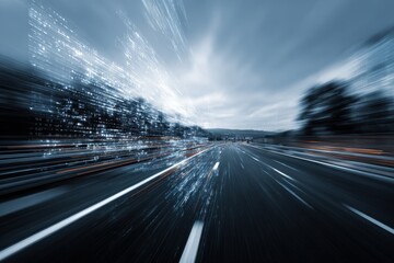 Obraz premium Digital data flow creates a futuristic motion blur effect on a highway during a cloudy day, showcasing the intersection of technology and transportation
