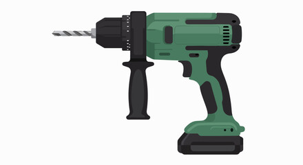 A green and black cordless power drill with a drill bit attached, shown from the side against a white background.