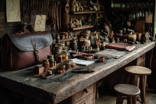 Rustic leather workshop features handmade items and tools in a cozy setting during the day