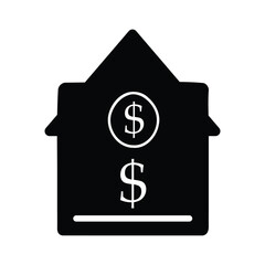 Black house shaped icon with two dollar signs inside representing home finances and property investment