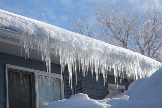 Preventing ice dams on roofs with proper snow removal and insulation techniques during winter weather conditions in a residential area