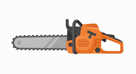 Naklejka premium An orange and black chainsaw with a long blade and sharp teeth, isolated on a white background.