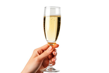 Elegant female hand holding a sparkling glass of champagne against a clean white background during a celebratory moment