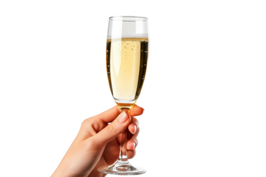 Elegant female hand holding a sparkling glass of champagne against a clean white background during a celebratory moment